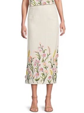 ANTONIO MELANI Riviera 3D Floral Appliqué Linen Midi Skirt NWT